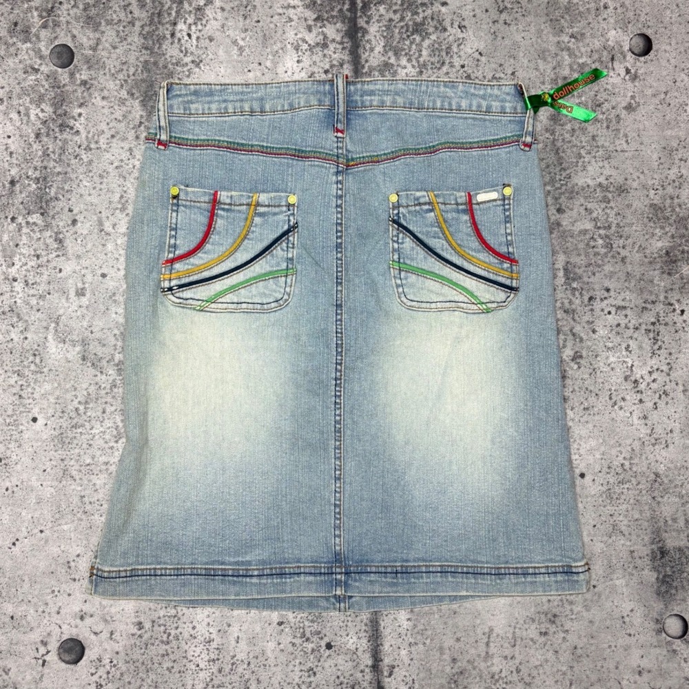 Dollhouse Daisy Womens Denim Mini Skirt Light Wash Rainbow Contrast Stitch Sz 9